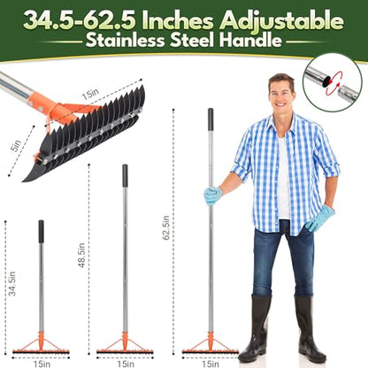 62.5 Inch Thatch Rake for Lawns 18 Sharp Tempered Spring Steel Tines - style: Thatch Rake