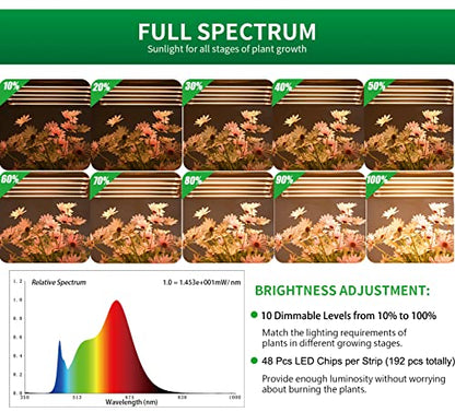 Grow Light Strips, Plant Lights for Indoor Plants Full Spectrum Growing Lamp with Auto On & Off Timer,3/6/12H Timer, 192 LEDs/ 10 Dimmable Levels Sunlike for Seedings Hydroponics - color: 4 Strips