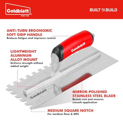 Goldblatt 3/8'' x 3/8'' x 3/8'' Square-Notch Tile Trowel, 11'' x 4.5'' - size: SQ 3/8
