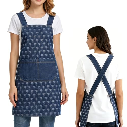 Denim Cross Back Aprons for Women with Front Pockets - color: Heart