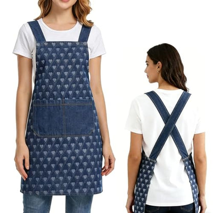 Denim Cross Back Aprons for Women with Front Pockets - color: Heart