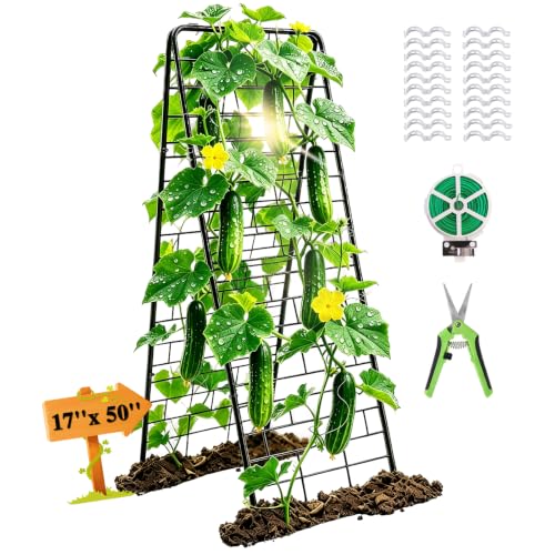 50"x17" A-Frame Cucumber Trellis for Raised Bed, Heavy Duty All-Metal Support for Climbing Plants, Cucumbers, Tomatoes & Beans, Easy Assembly, with Bonus Shears & Accessories, 1 Pack, Black, YOBAZAN