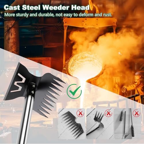 Larger Weed Puller Tool with Long Handle, 2-in-1 Heavy Duty Weed Rake & Hoe