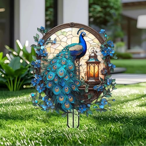 Peacock Garden Stakes Decor Yard Acrylic - 2D Garden Acrylic Sign Decoration, Fantasy Yard Art, Gift for Nature Lovers, for Outdoor & Indoor Flower Pots, Yard, Mini Gardens & Lawn (5.9”x5.9”) - color: P