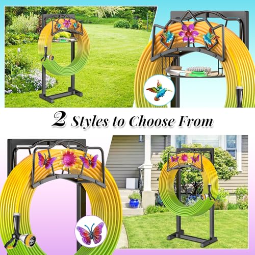 Garden Hose Holder, Heavy Duty Metal Water Hose Holder with Storage Basket, Freestanding Hose Stand Hanger, Sturdy Hoses Storage Rack 150-feet for Outside Yard Lawn - style: Hummingbird+Basket