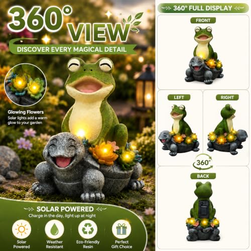 Solar Frog and Turtle Garden Statue with LED Succulent Lights - color: Green Frog Gray Turtle Statue