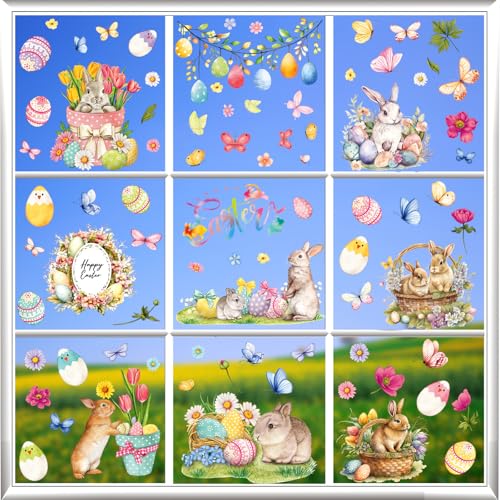 81PCS Easter Window Clings - Easter Window Clings for Glass Windows, Easter Egg Bunny Butterfly Stickers for Window Decals, Double-Sided Spring Flower Window Stickers for Easter Decorations (9 Sheets) - style: A-Easter
