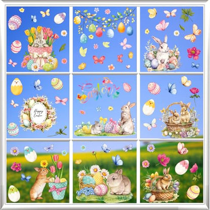 81PCS Easter Window Clings - Easter Window Clings for Glass Windows, Easter Egg Bunny Butterfly Stickers for Window Decals, Double-Sided Spring Flower Window Stickers for Easter Decorations (9 Sheets) - style: A-Easter