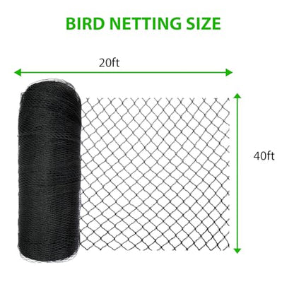 Bird Netting 3/8 Inch Mesh, 20 x 40 FT, HDPE, Rip-Resistant, Black - size: 20' x 40'