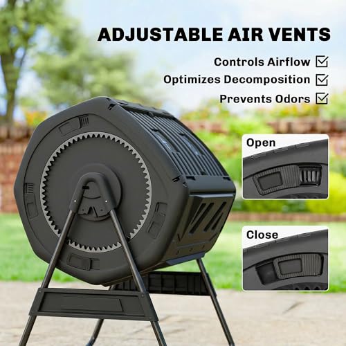 Outdoor Dual Chamber Compost Tumbler – 37" Rotating Compost Bin with Metal Base, UV-Resistant, Easy Assembly, Gardening Kit with Gloves & Tools (Black) - color: BLACK