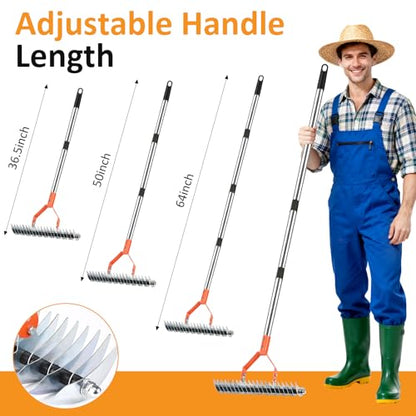 Thatch Rake -15 Inch Dethatcher Rake with Adjustable Handle, Efficient Steel Metal Rakes with Handle,Heavy Duty Thatching Rakes for Lawn,Garden, Yard