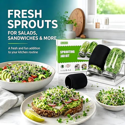 Premium Sprouting Jar Kit 2-Wide Mouth Mason Jars with Mesh Sprout Lids - color: Green