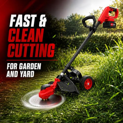 4-in-1 Electric Weed Wacker with Wheels, 20000RPM Cordless Weed Whacker & Brush Cutter, Lightweight 21V Battery Powered Lawn Edger with 2 Batteries