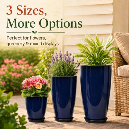 Neoaider Set of 3 Tall Planter, 24/21/12in Large Plastic Planter, Blue - color: Blue