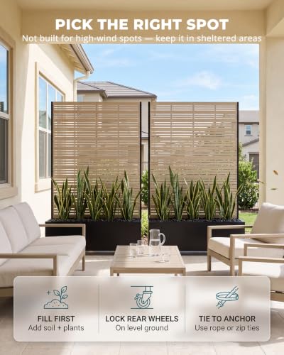 73" Metal Privacy Planter Box with Trellis on Wheels, Matte Teak - color: Matte Teak Color