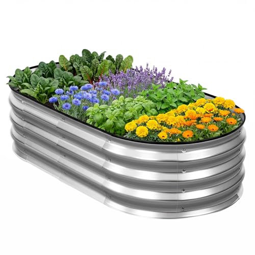 DUMOS Galvanized Raised Garden Bed, Outdoor Planter Box, 4x2x1ft - color: Silver (Oval), size: 4×2×1ft