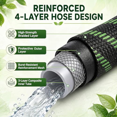 Garden Hose 25 FT, Non-Expanding Water Hose with 10 Pattern Spray Nozzle - size: 25FT