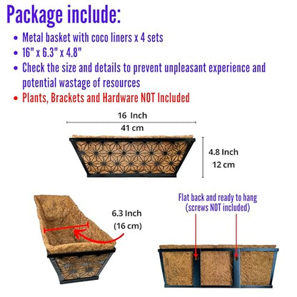 LaLaGreen Wall Planter for Plants (16 in, 4 Pack) Black Metal Window Box - size: 16" (41cm) x 4 pack