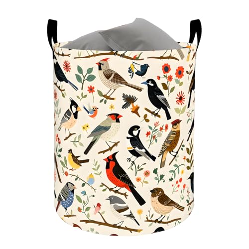 Vintage Garden Bird Laundry Basket, Songbird Floral Decorative Gifts Storage Hamper, Waterproof Oxford Cloth Collapsible Bin, 19.7 * 15.7 Inch Nature Branch Clothes Organizer for Home - color: Bird