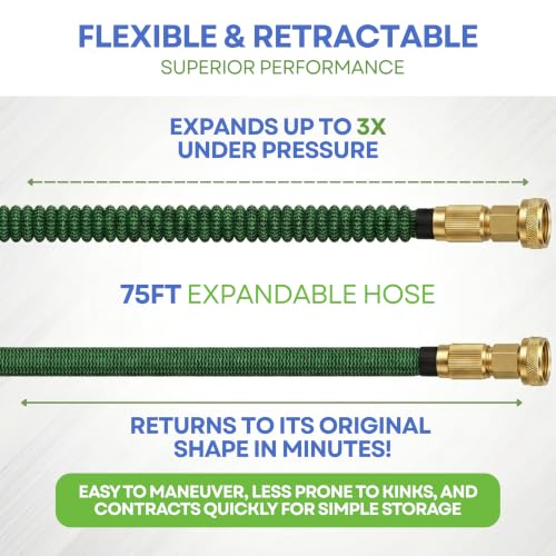 J&B XpandaHose 75ft Expandable Garden Hose, Lightweight, Brass Connectors - color: Green/Black, size: 75ft