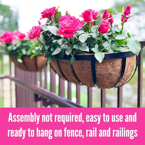 LaLaGreen Deck Railing Planter Boxes (16 Inch, 4 Pack) Black Metal Rectangular Hanging Planters with Coco Liner, Adjustable Flower Planter Box Brackets for Plants Fence Balcony Patio Porch Over Rail - size: 16" (41cm) x 4 pack