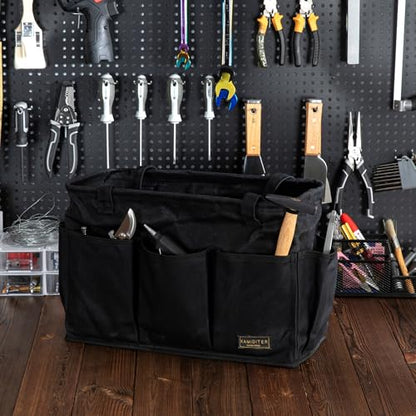 Tool Pouch, Heavy Duty 16oz Waxed Canvas Tool Bag, Rectangle Foldable Open Top Tool Bags with Handles, 10 Pockets | 15.5 x 7.5 x 10.5 Inches - color: Black, size: 15.5 Inch