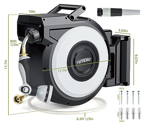 Tuyeho Heavy-Duty Automatic Retractable Garden Hose Reel 90FT Wall Mount - size: 1/2" 90FT