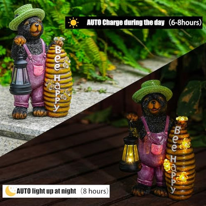 Joint Honglin Honey Bear Garden Statue with Lighted Beehive & Lantern - color: Honey Bear