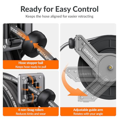 Giraffe Tools Pressure Washer Hose Reel with 60ft Pressure Hose, 4000PSI