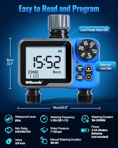 Water Timer for Garden Hose, 2 Zone Sprinkler Timer, Automatic Irrigation System/Rain Delay/Manual Watering, Programmable Watering for Lawn, Yard, Drip Irrigation C12WT06 - color: Plastic