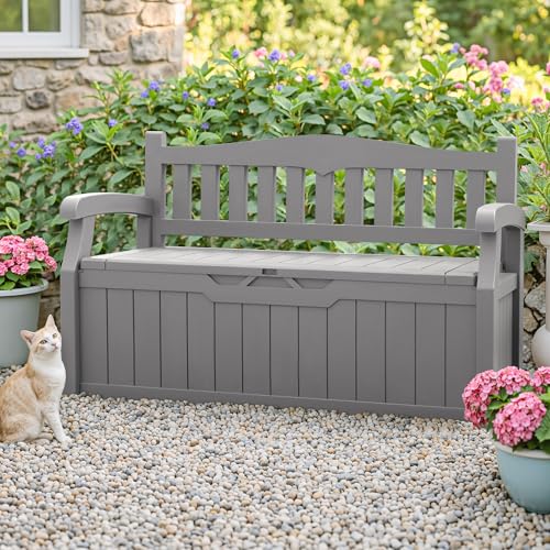 Homall 75 Gallon Outdoor Storage Benches Lockable Deck Box Waterproof - color: Grey