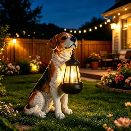 Garden Dog Statues Decor, Beagle Statue Outdoor Holding Solar Lantern Light - color: Multicolor