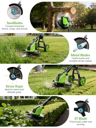 12-Inch Battery Powered String Trimmer with Wheels, 800W Brushless 4-in-1