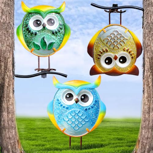 Owl Garden Decor Set of 3 Metal Glass Stand Tree Hugger Fence Outdoor Stake - color: Owl