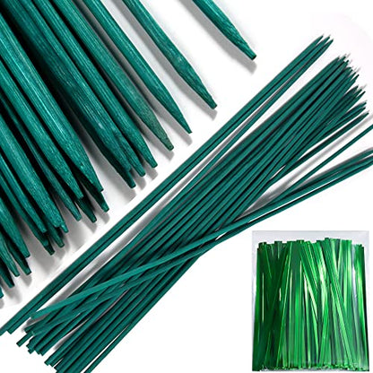 50 PCS 18” Wood Plant Stakes Garden Tomato Sticks Plant Stakes & Supports for Potted Plants, Comes with 100 pcs Green Twist tie