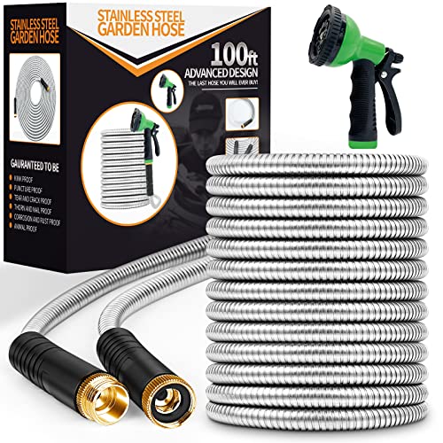 Unywarse Garden Hose 100FT Metal Water Hose with 10 Function Nozzle No-Kink - size: 100ft