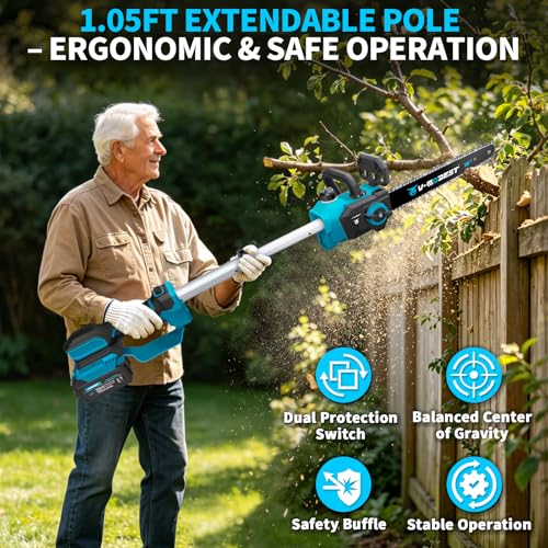 21V Battery Powered Chainsaw 10 Inch Brushless Telescopic Chainsaw - color: 10-inch Blue Telescopic Chainsaw