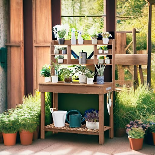 Yaheetech Outdoor Potting Bench, Sink, Display Rack & Storage Shelf,Brown