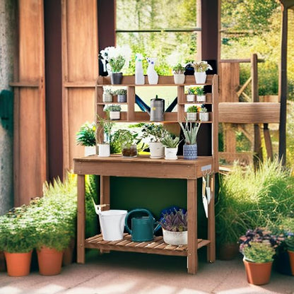 Yaheetech Outdoor Potting Bench, Sink, Display Rack & Storage Shelf,Brown