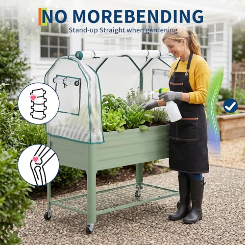 Raised Garden Bed with Cover, Galvanized Metal Elevated Planter Box with Rolling Casters & Extra Bottom Shelf, Raised Planter Box for Backyard, Patio, Balcony, 48x24x56 in, Green
