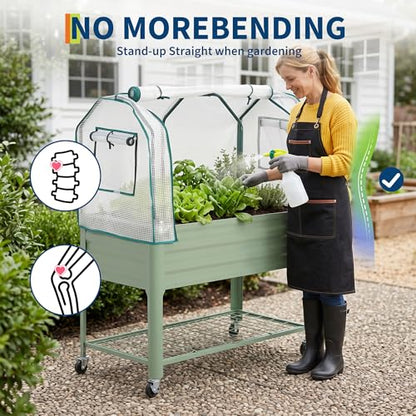 Raised Garden Bed with Cover, Galvanized Metal Elevated Planter Box with Rolling Casters & Extra Bottom Shelf, Raised Planter Box for Backyard, Patio, Balcony, 48x24x56 in, Green