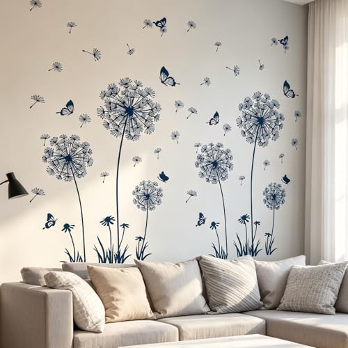 Arawat 2 Set Dandelion Wall Decals Peel and Stick Blue Dandelion Wall Stickers Large Floral Wall Stickers & Murals Flower Wall Decals for Living Room Bedroom Bathroom Restroom Roommates Vinyl Wall Art - color: # 2 Set Blue Dandelion Wall Decals