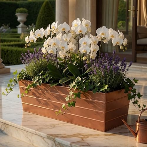 Rectangular Metal Flower Planter Box with Embossed Line Design, Large, Copper