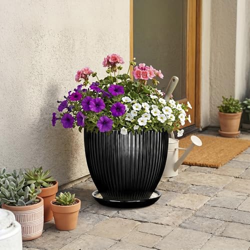 10 Inch Planter, Ceramic Plant Pots with Saucer, Black - color: Black, size: 10 Inch