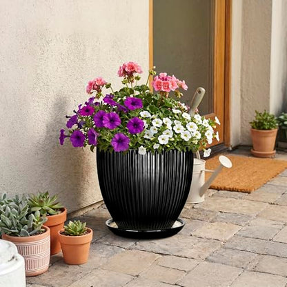 10 Inch Planter, Ceramic Plant Pots with Saucer, Black - color: Black, size: 10 Inch