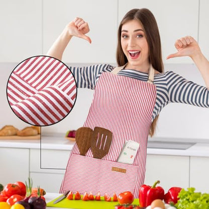 BeLuyi 2 Pack Adjustable Bib Apron with 2 Pockets Chef Cooking Kitchen Restaurant Aprons for Women Men - color: Red Pinstripes