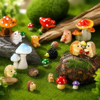 Woanger 30 Pcs Fairy Garden Accessories Hedgehog Mushroom Figurines, Vivid - style: Vivid