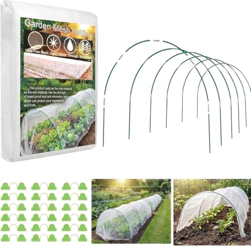 Garden Netting Kit for Raised Beds, 10x30FT Plant Cover Ultra Fine Mesh Netting & 6 Sets Fiberglass Garden Hoops & 18 Clip, Vegetable Plants Fruits Row Cover Birds Animals Barrier Protection Net