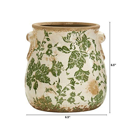 Nearly Natural 6.5 in Tuscan Ceramic Green Floral Scroll Decorative Vase