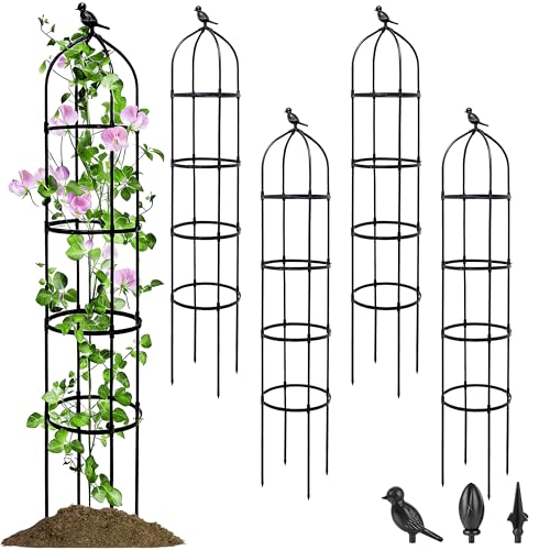 4 Pack Garden Obelisk Trellis for Climbing Plants Outdoor, 6FT Adjustable Metal Plant Support with 3 Decorative Tops, Black Rustproof Trellis for Roses, Tomatoes, Clematis & Vines - color: 4-Pack, size: 6 Feet